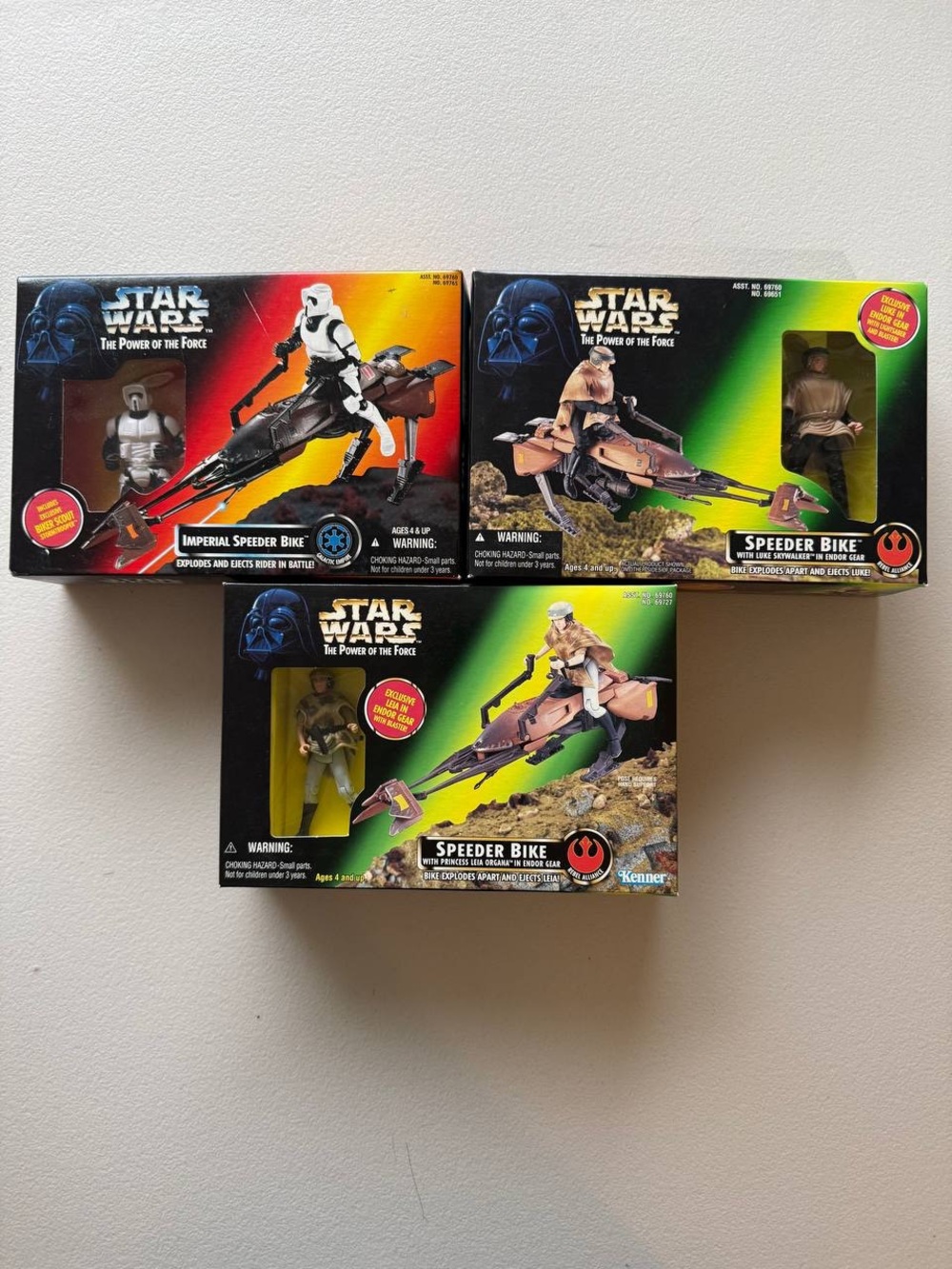 Lot 3 Star Wars Power of the Force Speeder Bike Imperial Leia Luke Figure Boxed